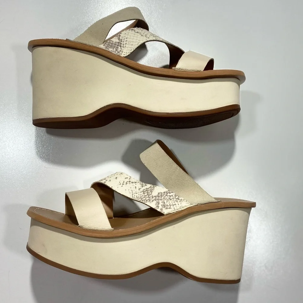Lucky Brand Mimya Leather Chunky Platform Open Toe‎ Slip On Wedges NWOT Size 9